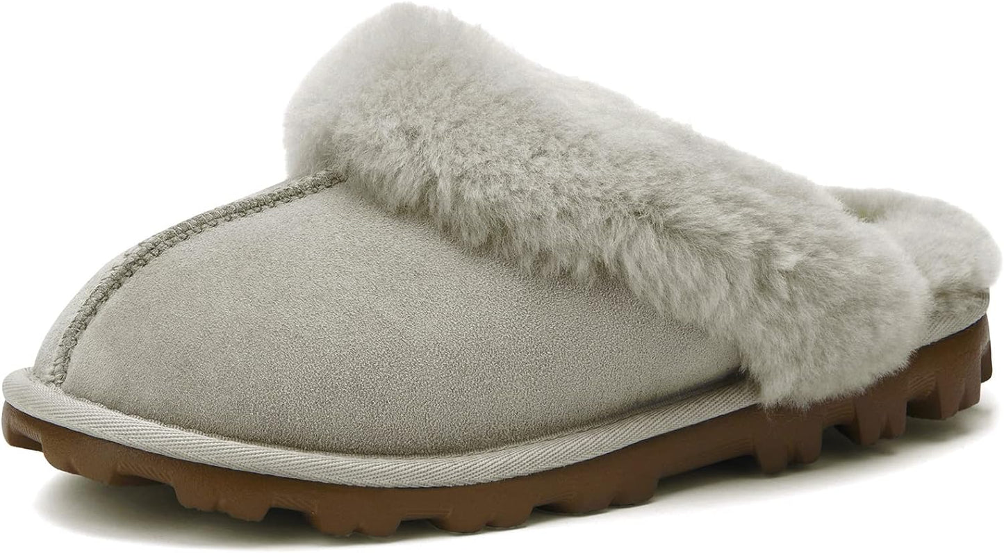 Genuine Australian Sheepskin Women Slippers, 100% Shearling Hard Bottom Slippers for Women Indoor and Outdoor Warm Fuzzy Wool Slippers