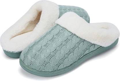 Women'S Memory Foam Slippers Knitted Fur Collar House Shoes Anti-Skid Sole for Indoor & Outdoor