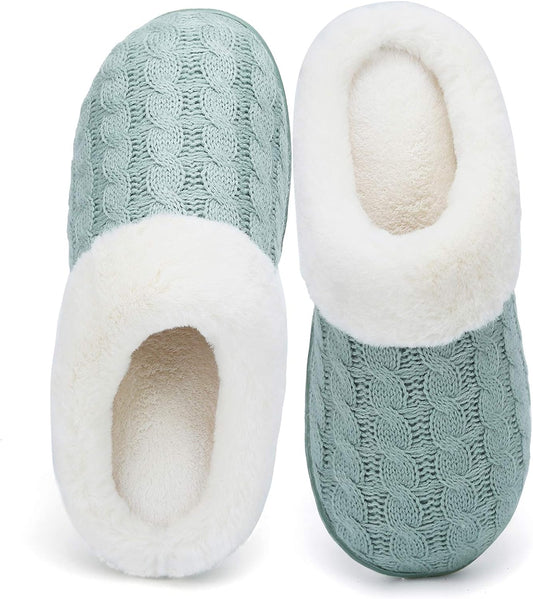 Women'S Memory Foam Slippers Knitted Fur Collar House Shoes Anti-Skid Sole for Indoor & Outdoor